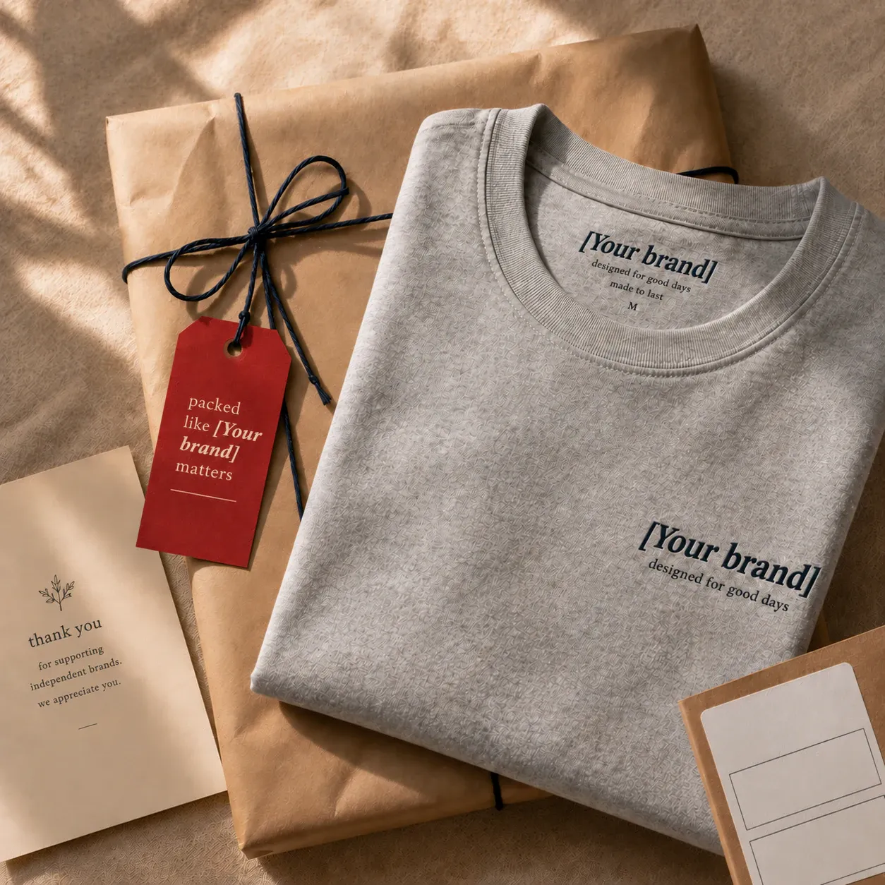 Illustrative flat lay of apparel packaging used for a modeled cost example.