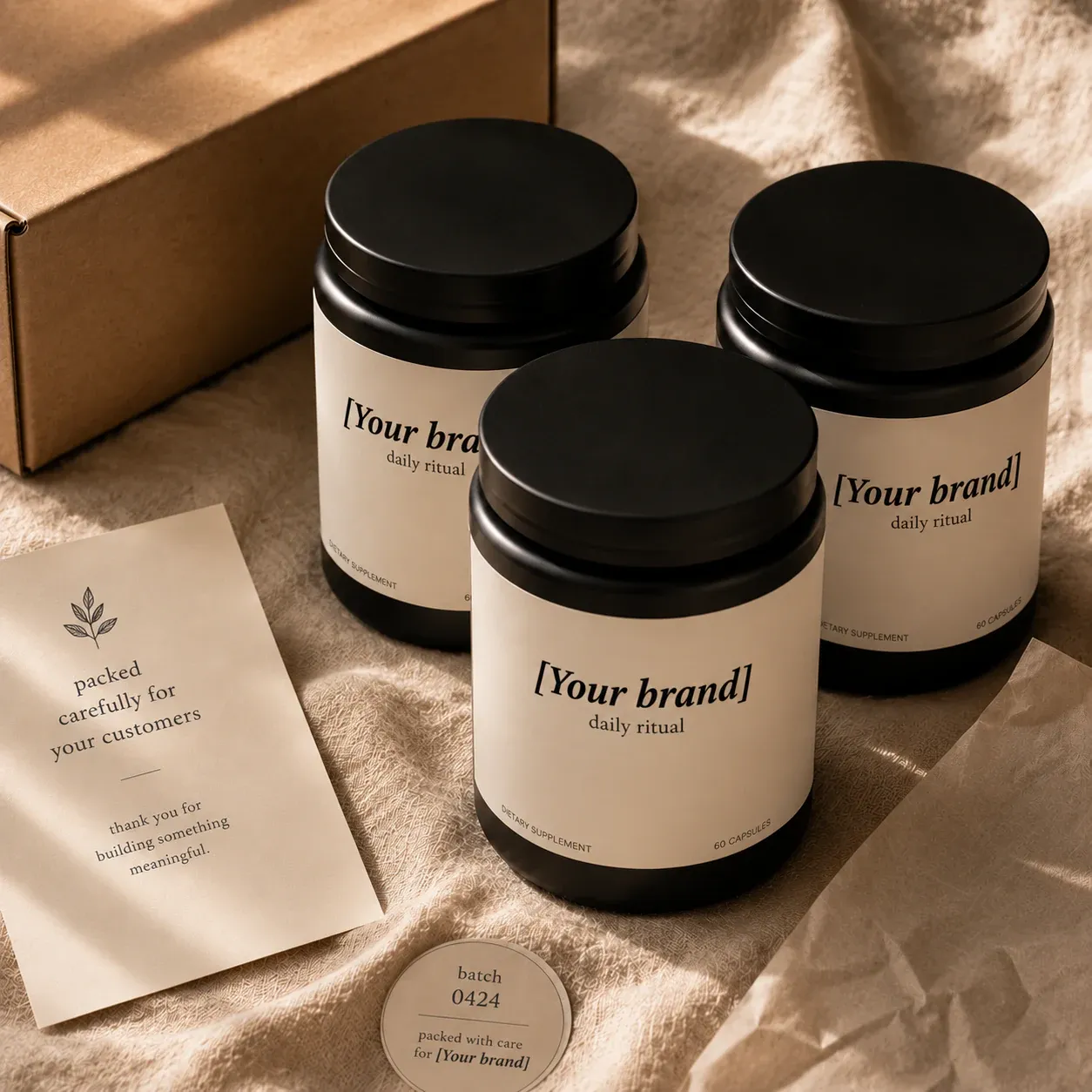 Illustrative flat lay of supplement packaging used for a modeled cost example.
